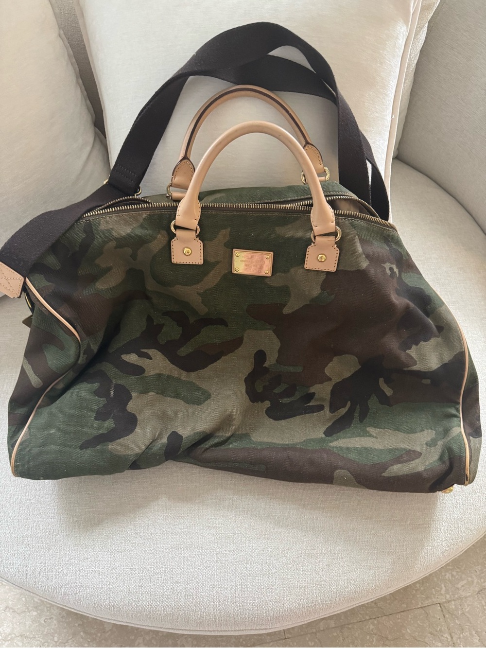 Michael Kors Camouflage Canvas Duffel Bag with Tan Leather Handles